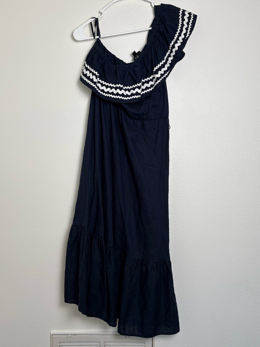 J. Crew One Shoulder Linen Blend Navy Elastic-Waist Midi Dress Size Small